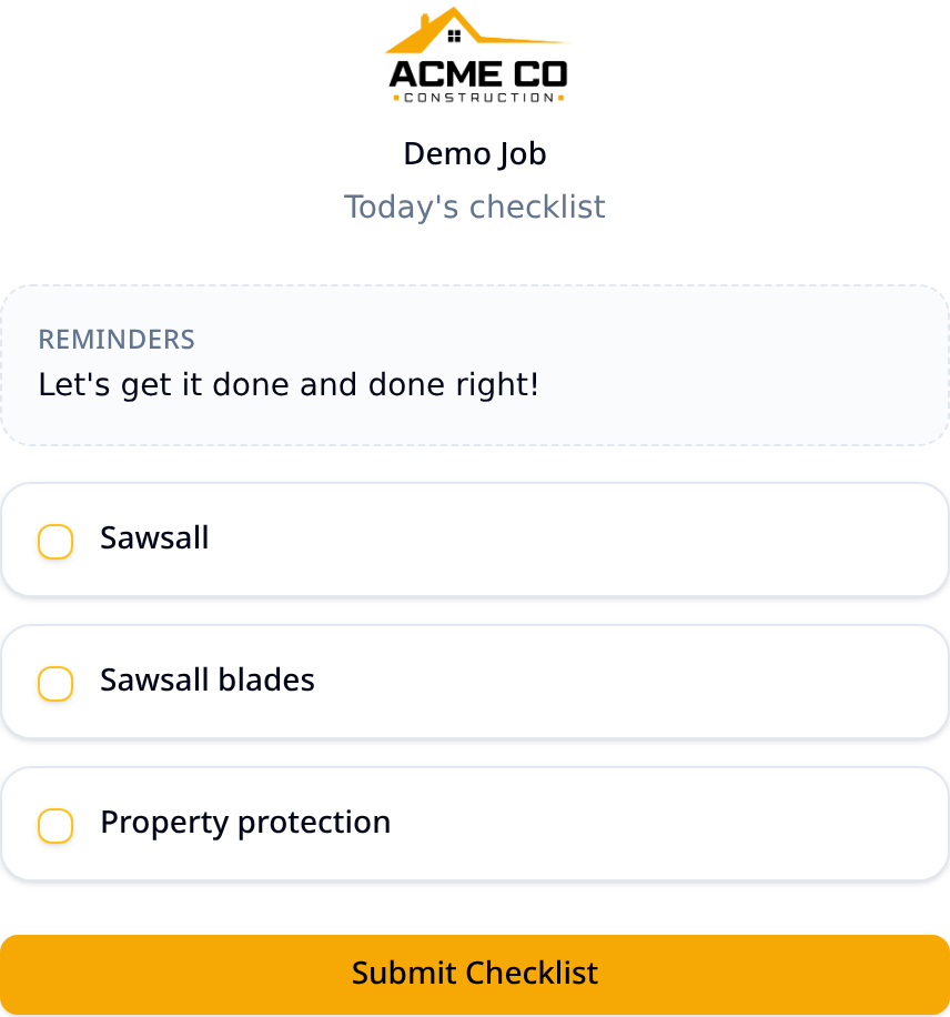 Custom Job Check list with a note and items on a phone