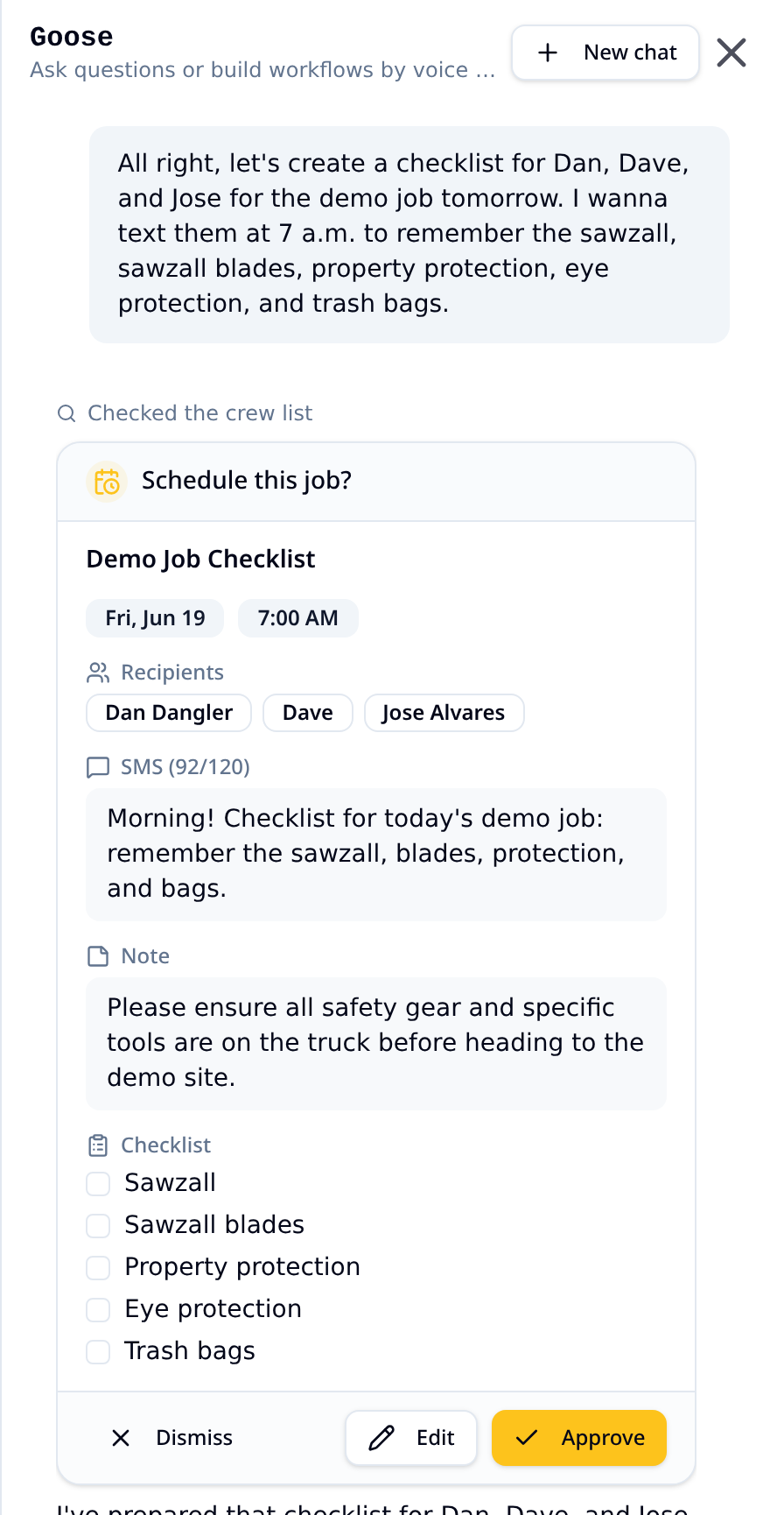 AI assistant drafting a job checklist ready to approve